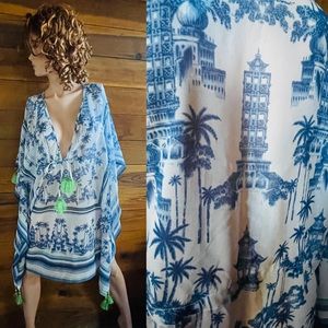 NWT Violet Sky CAFTAN Moroccan Travel Postcard Swimsuit Cover-Up Dress M AS-IS